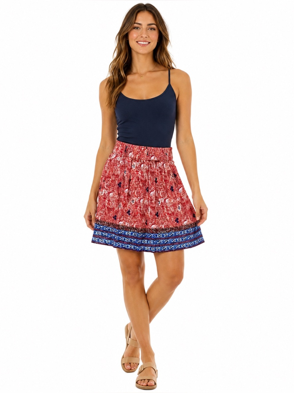Abi Women’s High Waisted Pleated Skirt with Pockets in Red/Blue Abstract Sz S